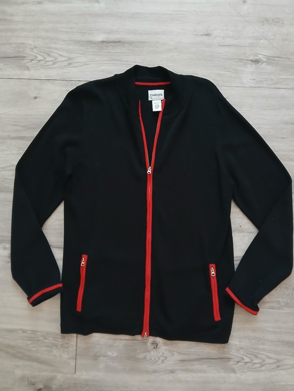Chico's Black Vintage Style Knit Cardigan Jacket with Red Trim & Double Zipper